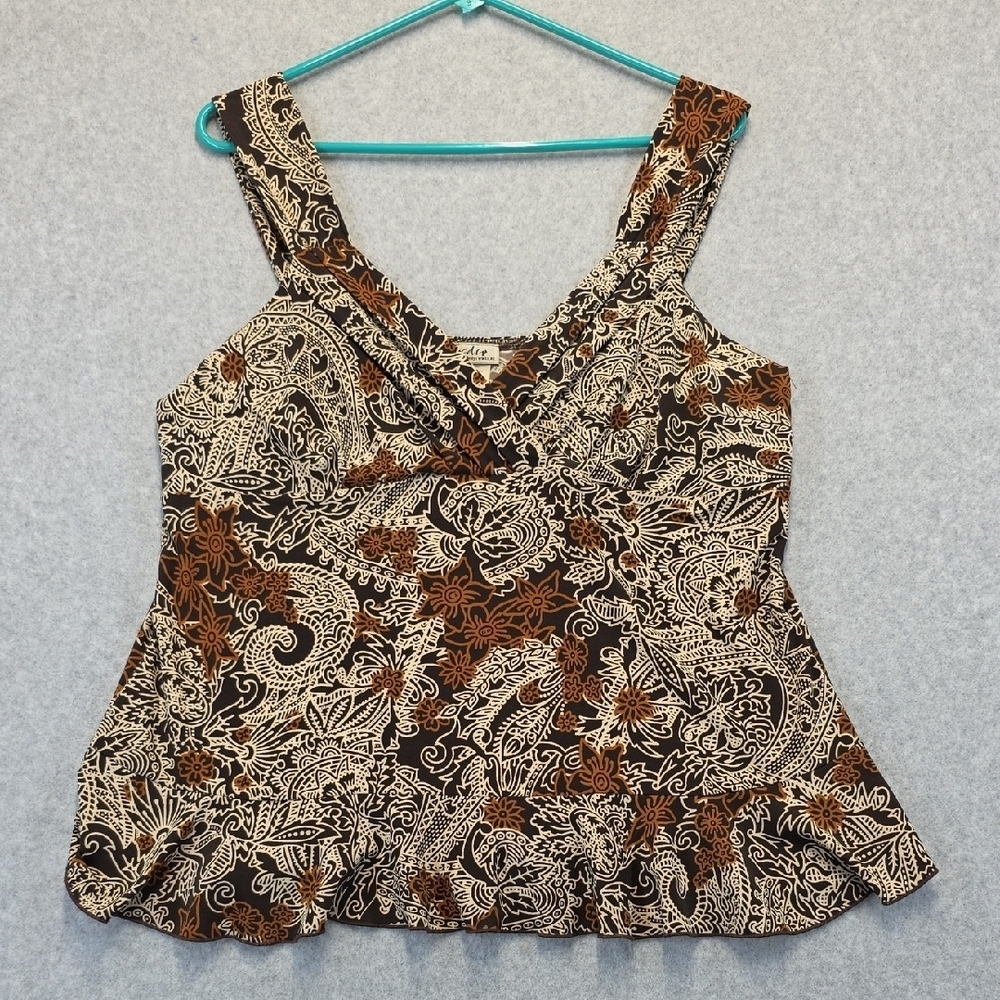 Chaps Cream and Brown Bustier Peplum Tank Top